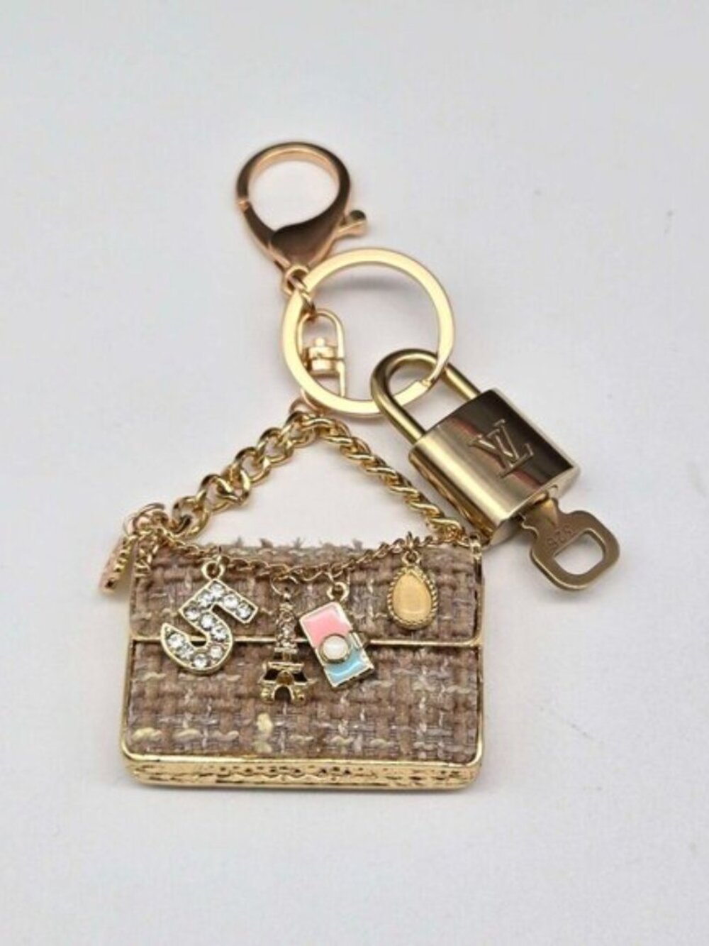 Authentic Louis Vuitton Padlock & Key Gold ✨Unbranded Tweed Bag Charm Keychain - Picture 8 of 10